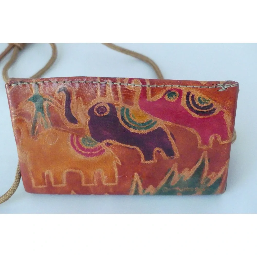 Hand Tooled Leather Elephant Crossbody Mini Bag Wallet Folk Art Multi Color Vtg